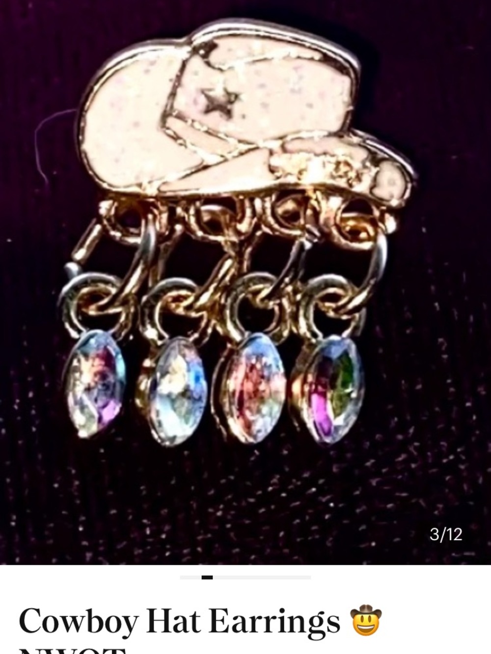 Earrings Sparkling Cream Cowboy Hat Dangle  with Iridescent Drops